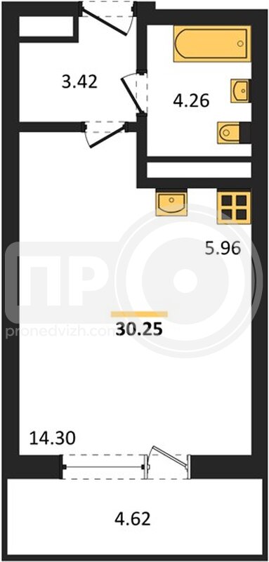 квартира-студия, 30,25кв.м.