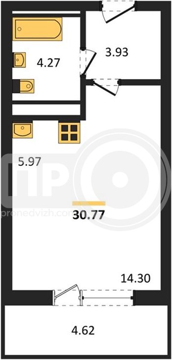 Миниатюра квартира-студия, 30,77кв.м.