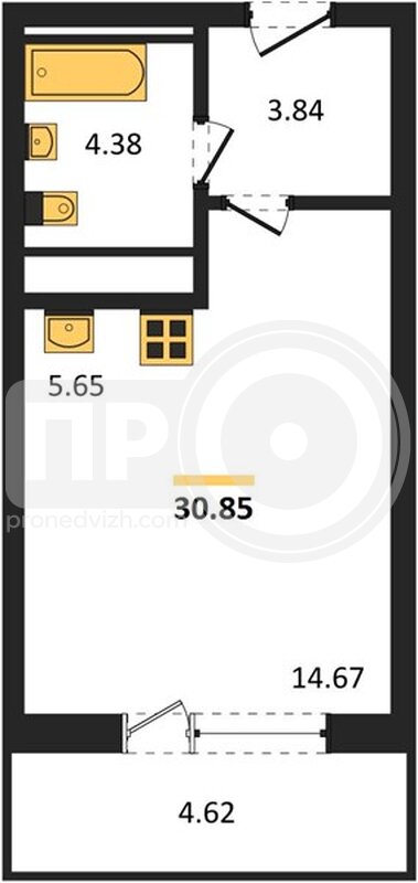 квартира-студия, 30,85кв.м.