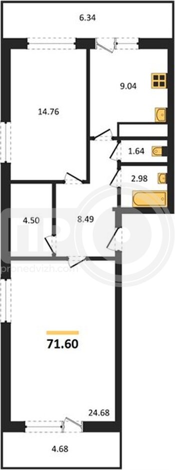 Миниатюра 2-комнатная квартира, 71.6кв.м