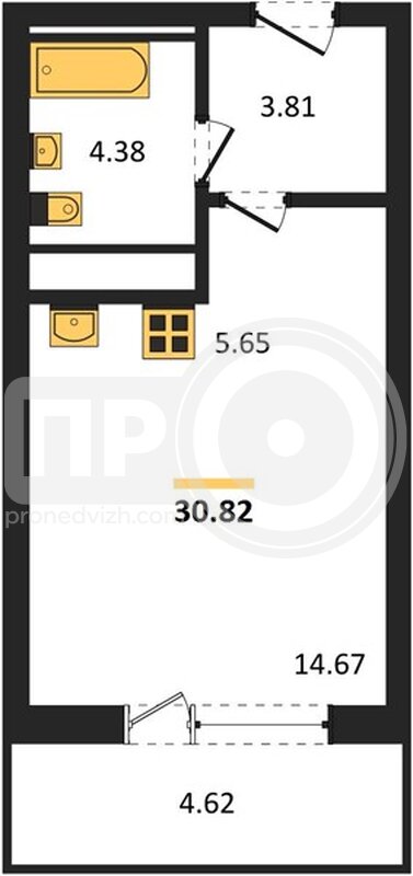 квартира-студия, 30,82кв.м.