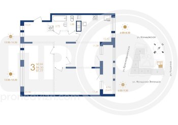 Миниатюра 3-комнатная квартира, 87.77кв.м