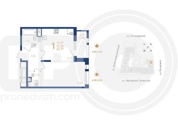 Миниатюра 1-комнатная квартира, 43.77кв.м