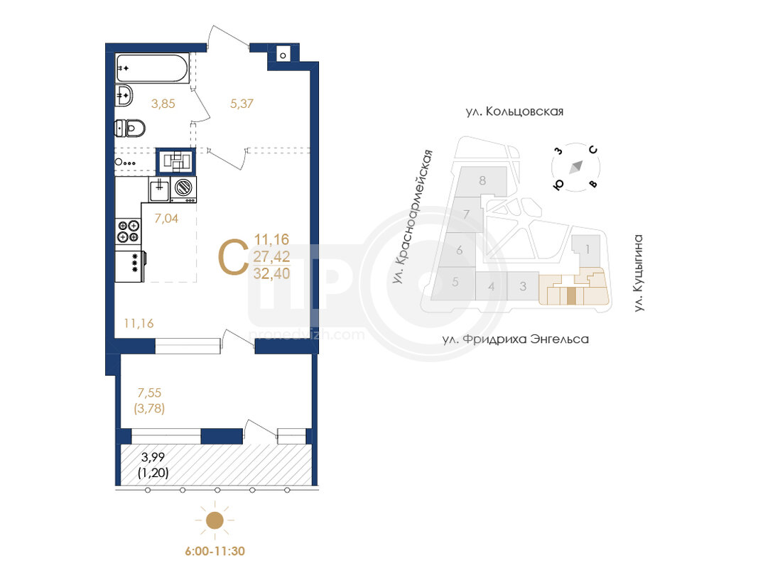 1-комнатная квартира, 32.4кв.м