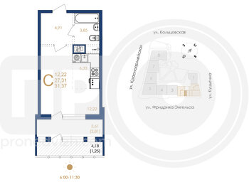 Миниатюра 1-комнатная квартира, 31.37кв.м