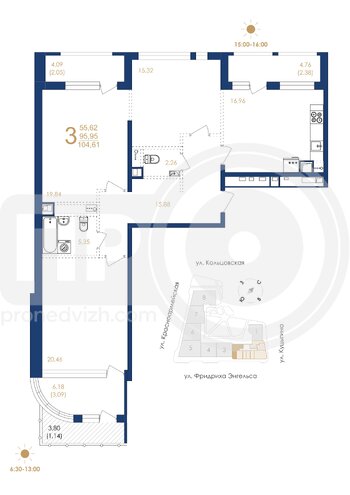 Миниатюра 3-комнатная квартира, 104.61кв.м