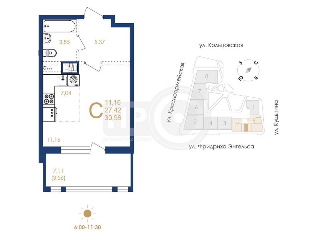 1-комнатная квартира, 30.98кв.м