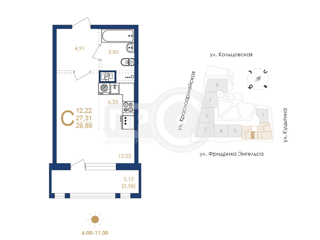 1-комнатная квартира, 29.89кв.м