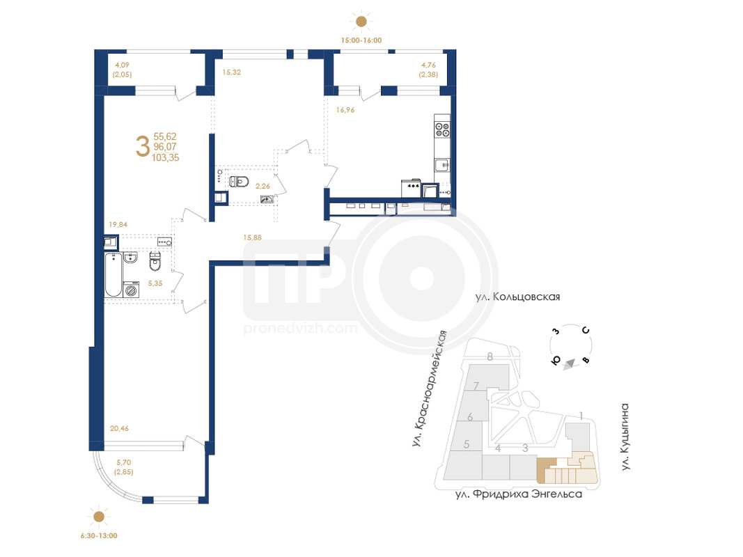 3-комнатная квартира, 103.35кв.м