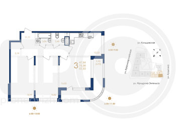 Миниатюра 3-комнатная квартира, 83.93кв.м