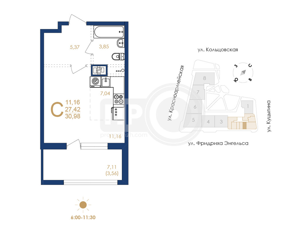 1-комнатная квартира, 30.98кв.м