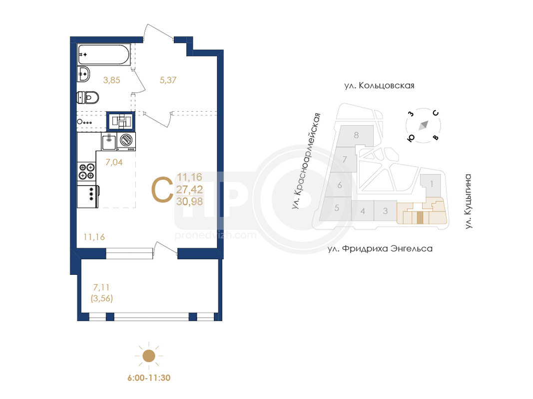 1-комнатная квартира, 30.98кв.м