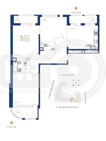 Миниатюра 3-комнатная квартира, 103.51кв.м