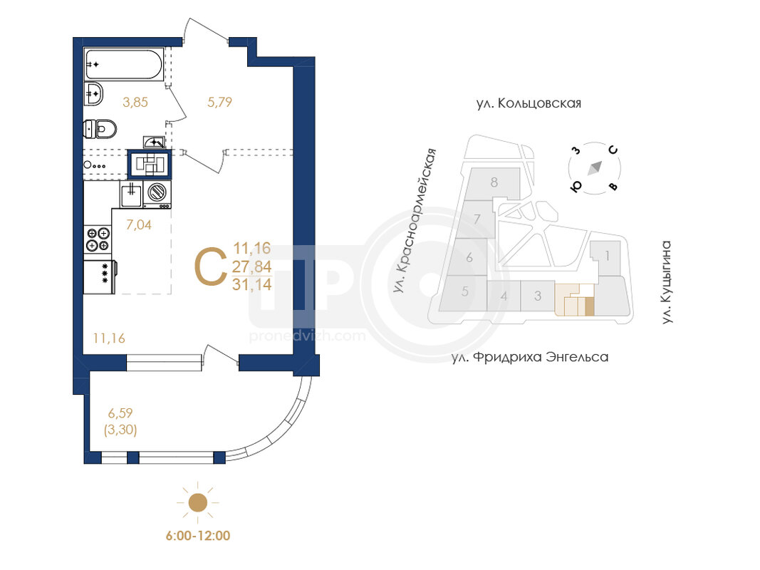 1-комнатная квартира, 31.14кв.м