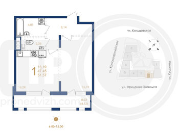Миниатюра 1-комнатная квартира, 51.57кв.м
