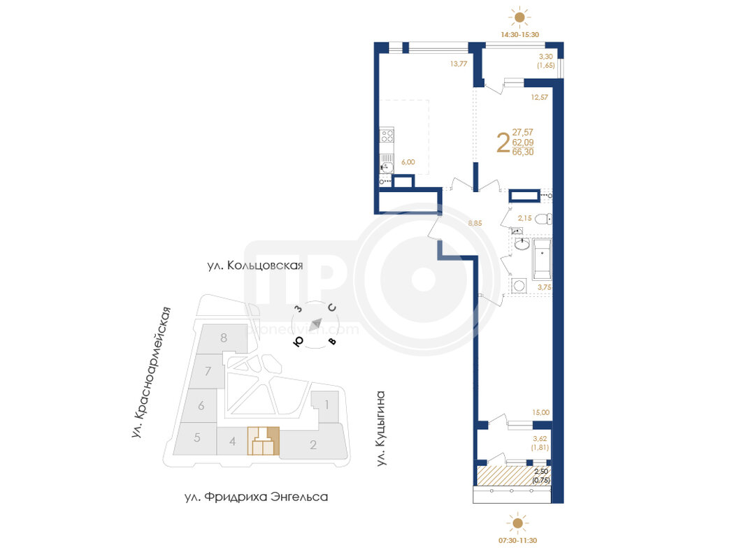 2-комнатная квартира, 66.3кв.м