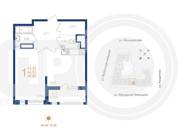 Миниатюра 1-комнатная квартира, 46.6кв.м