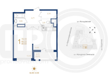 Миниатюра 1-комнатная квартира, 46.6кв.м