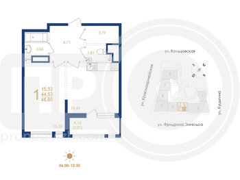 Миниатюра 1-комнатная квартира, 46.6кв.м