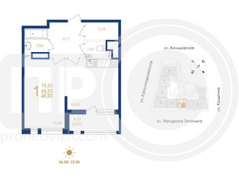 Миниатюра 1-комнатная квартира, 46.6кв.м