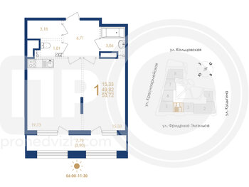 Миниатюра 1-комнатная квартира, 53.72кв.м