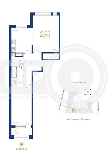 Миниатюра 2-комнатная квартира, 67.19кв.м