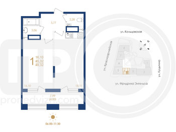 Миниатюра 1-комнатная квартира, 49.32кв.м