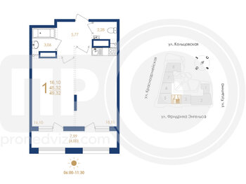 Миниатюра 1-комнатная квартира, 49.32кв.м