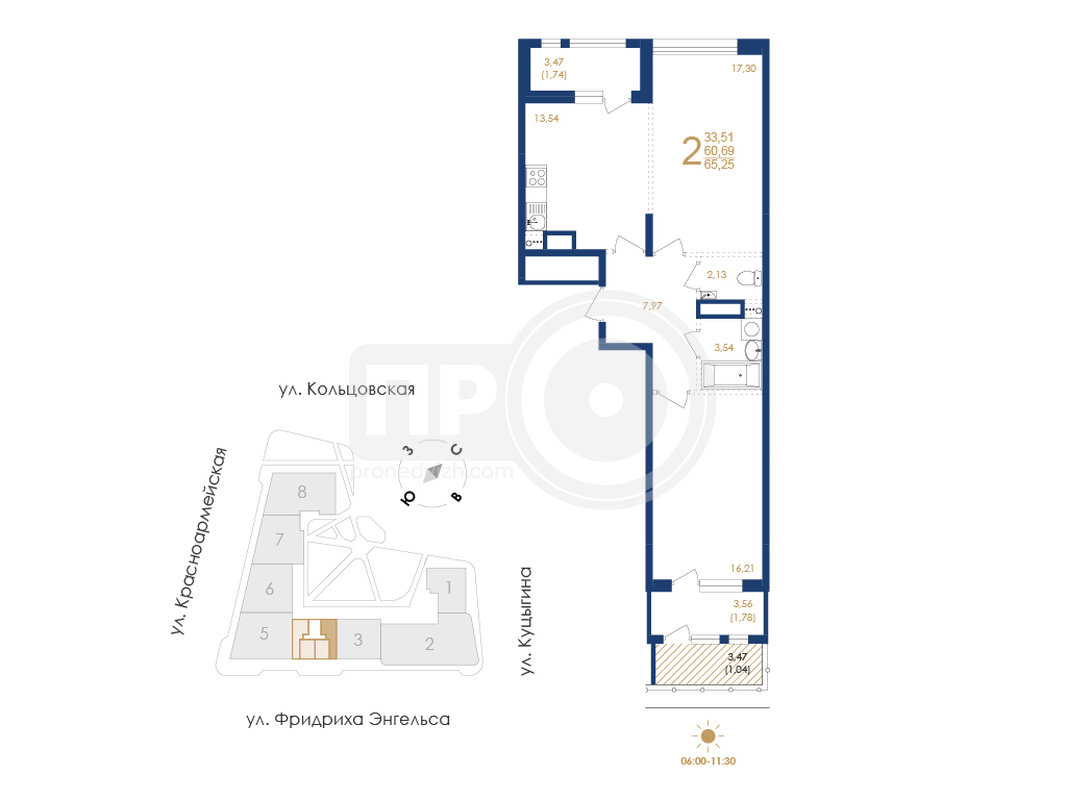 2-комнатная квартира, 65.25кв.м