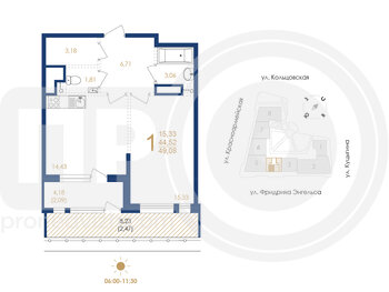 Миниатюра 1-комнатная квартира, 49.08кв.м