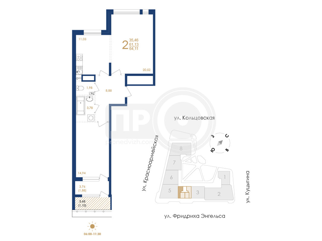 2-комнатная квартира, 64.11кв.м