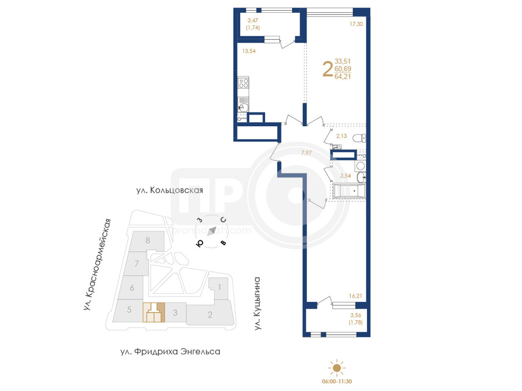 2-комнатная квартира, 64.21кв.м