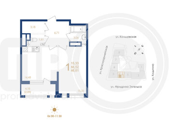 Миниатюра 1-комнатная квартира, 46.61кв.м