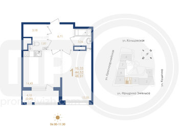 Миниатюра 1-комнатная квартира, 46.61кв.м
