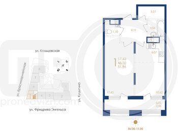 Миниатюра 1-комнатная квартира, 51.96кв.м
