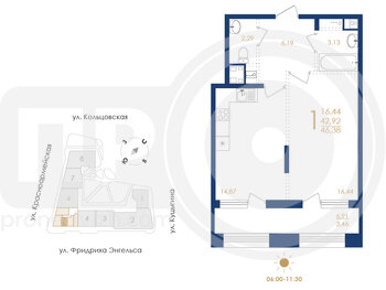 Миниатюра 1-комнатная квартира, 46.38кв.м