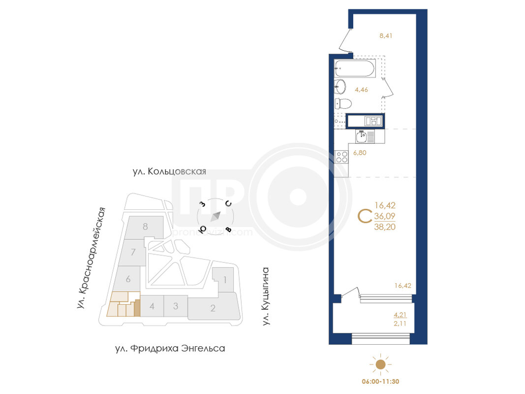 1-комнатная квартира, 38.2кв.м