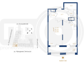 Миниатюра 1-комнатная квартира, 52.43кв.м