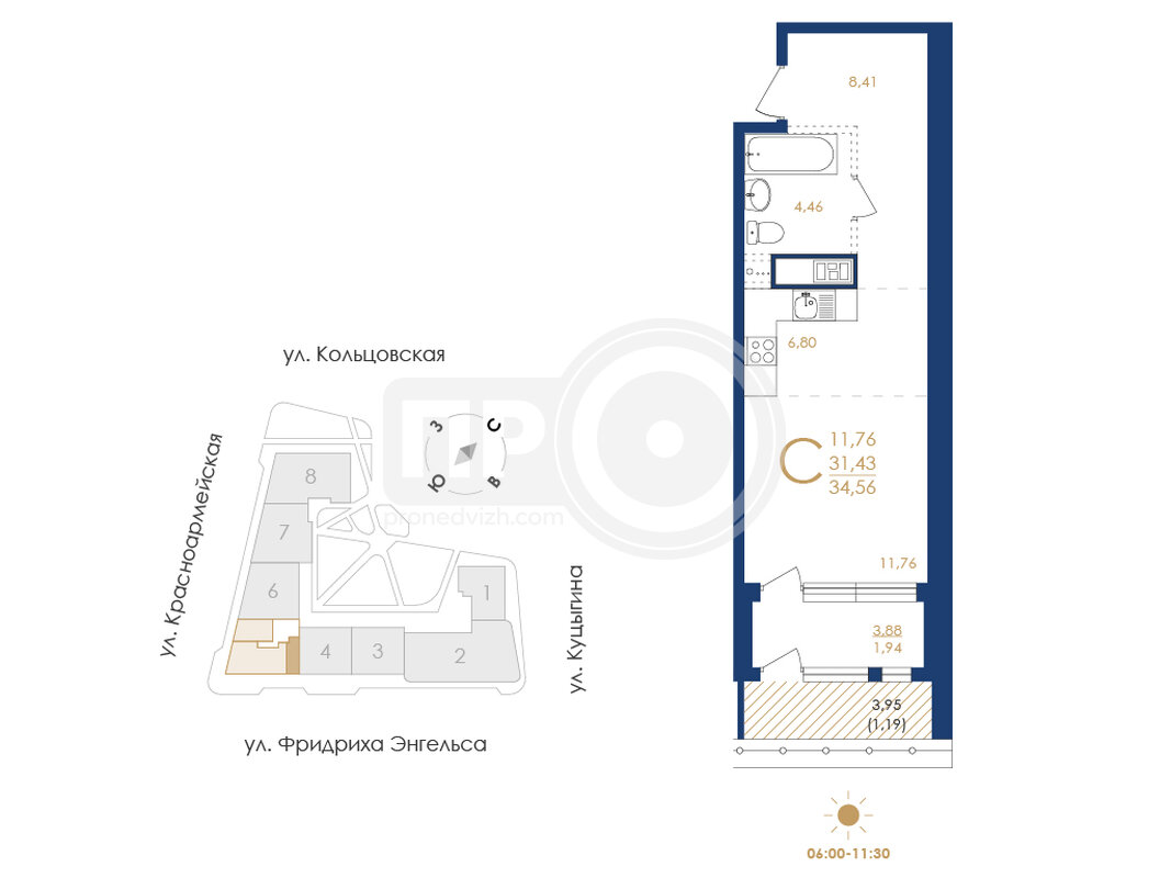 1-комнатная квартира, 34.56кв.м