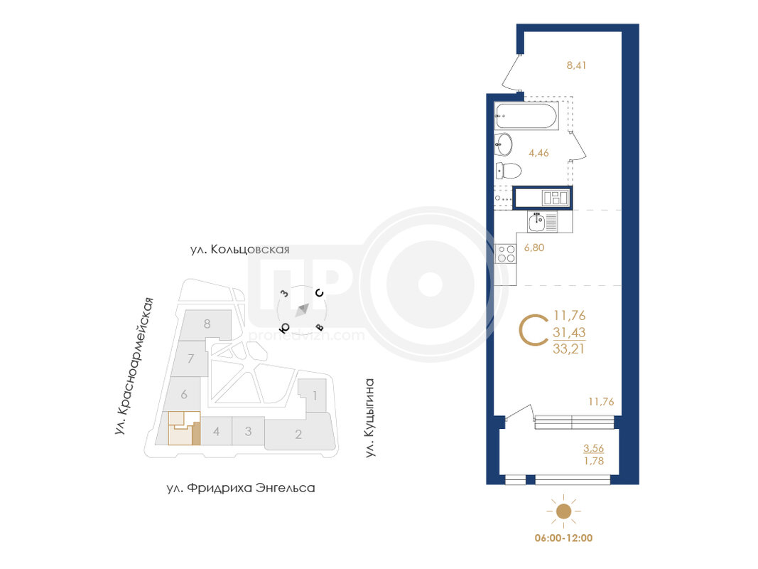 1-комнатная квартира, 33.21кв.м