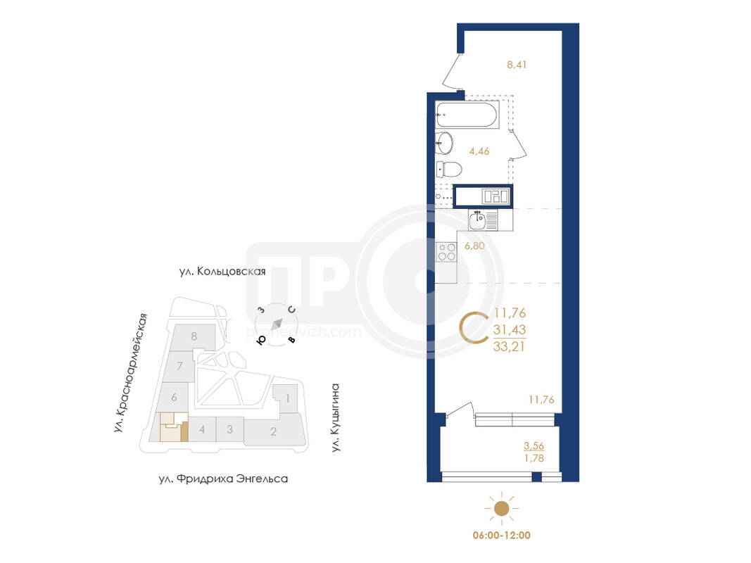 1-комнатная квартира, 33.21кв.м