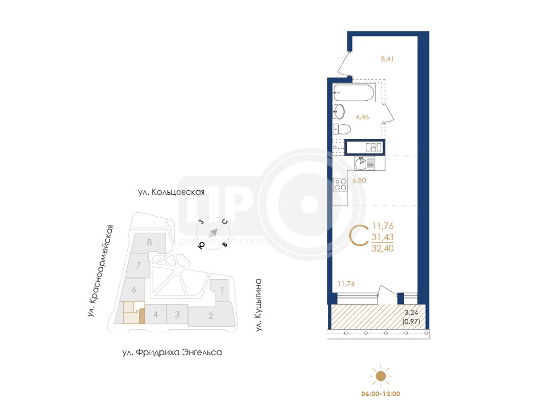 1-комнатная квартира, 32.4кв.м