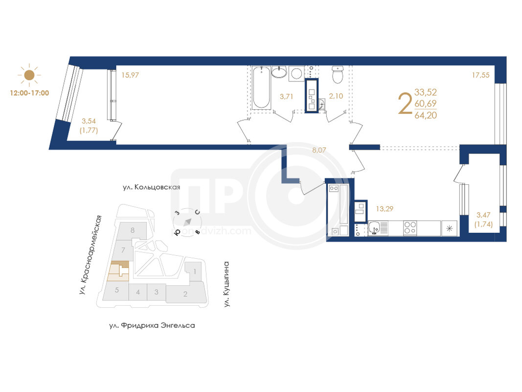 2-комнатная квартира, 64.2кв.м