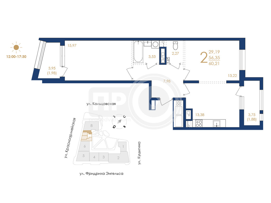 2-комнатная квартира, 60.21кв.м