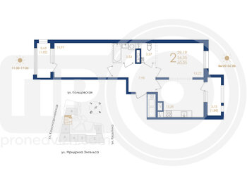 Миниатюра 2-комнатная квартира, 60.05кв.м