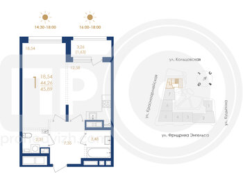 Миниатюра 1-комнатная квартира, 45.89кв.м