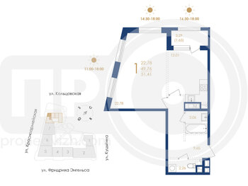 Миниатюра 1-комнатная квартира, 51.41кв.м