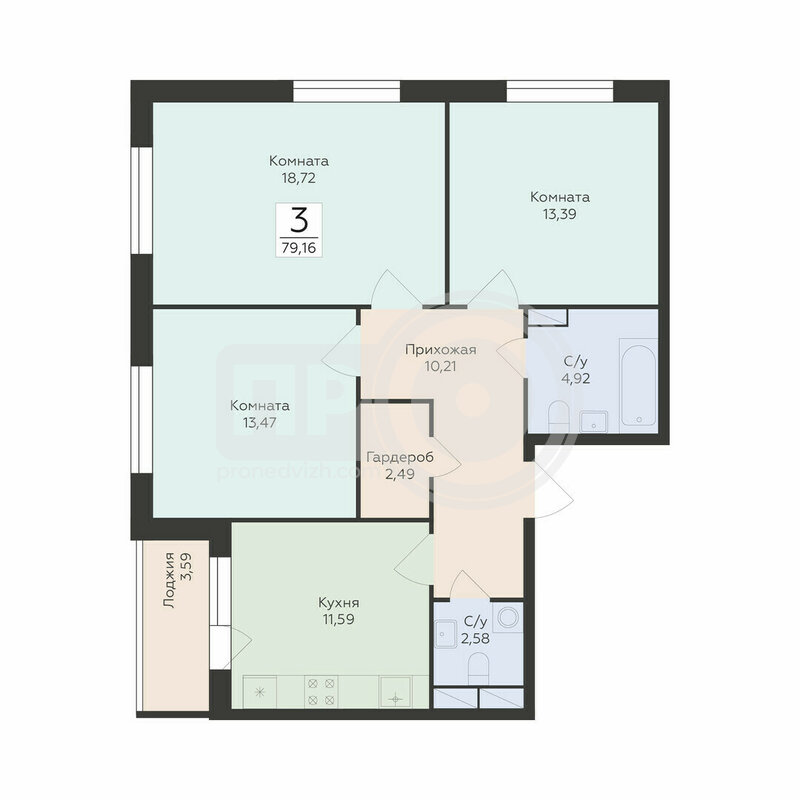 3-комнатная квартира, 79.16кв.м
