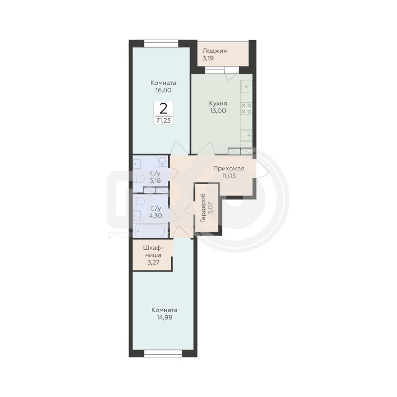 2-комнатная квартира, 71.23кв.м