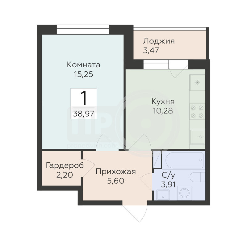 1-комнатная квартира, 38.97кв.м